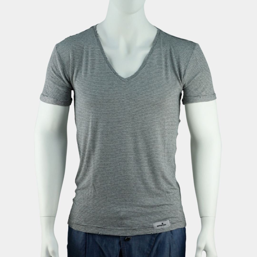 SLIM-FIT T-Shirt | V-neck grau gestreift | PUTTMEISTER