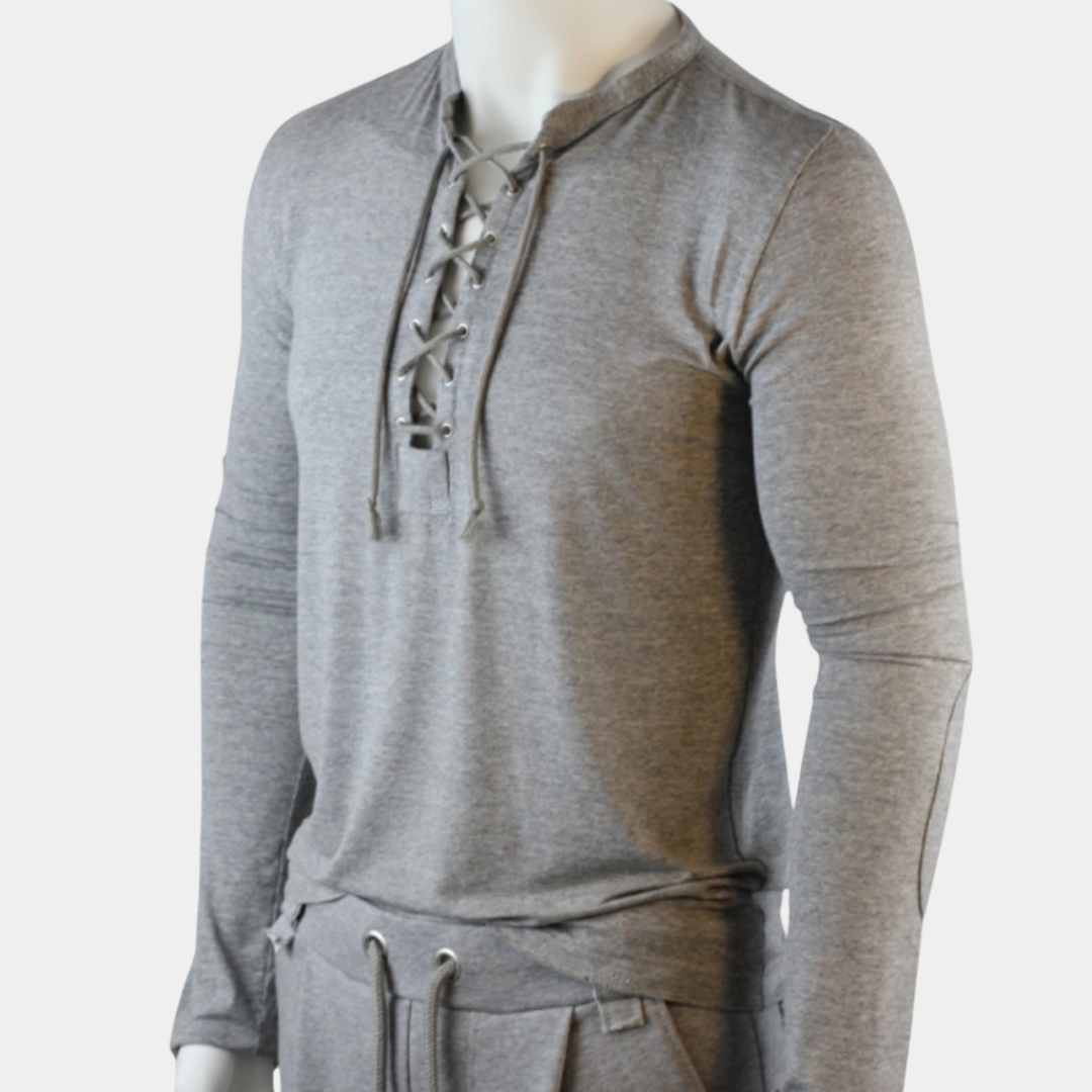 SLIM-FIT Longsleeve Grau meliert | Kordelausschnitt | PUTTMEISTER