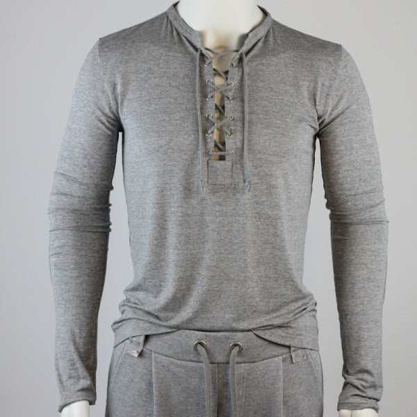 SLIM-FIT Longsleeve Grau meliert | Kordelausschnitt | PUTTMEISTER