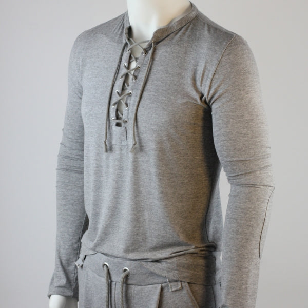 SLIM-FIT Longsleeve Grau meliert | Kordelausschnitt | PUTTMEISTER